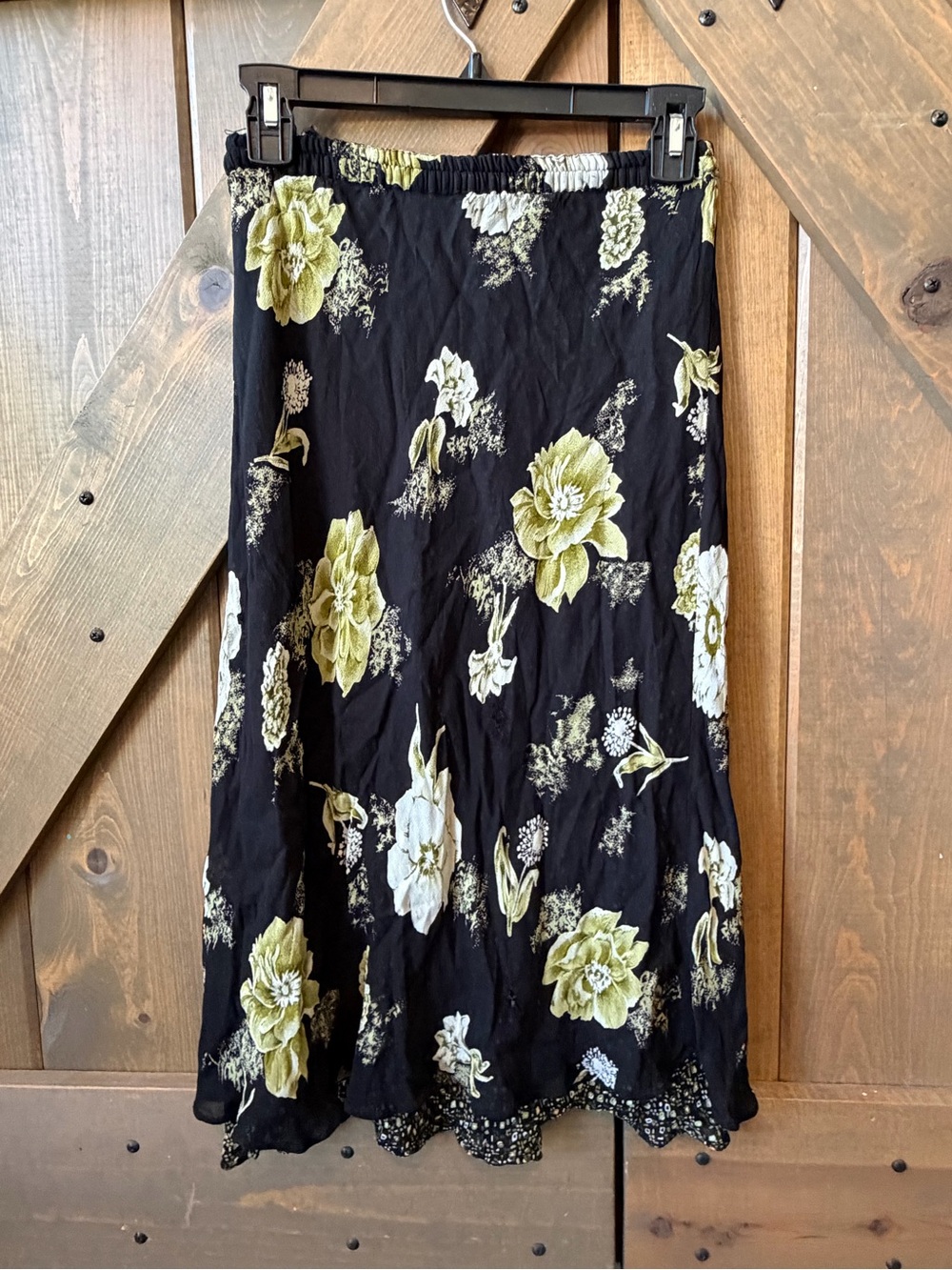 Black Floral Maxi Skirt with Olive and White Blooms